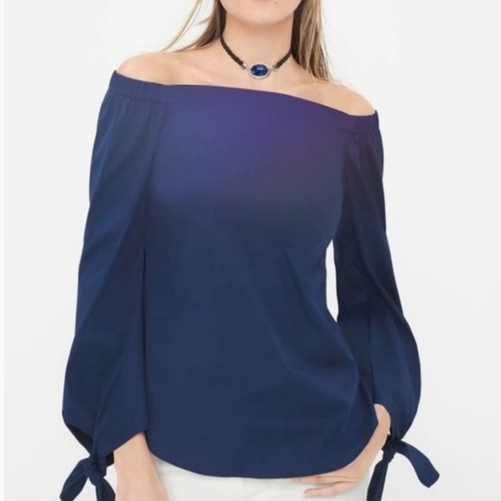 White House Black Market Navy Off-Shoulder Tie-Sleeve Top - Picture 3 of 9